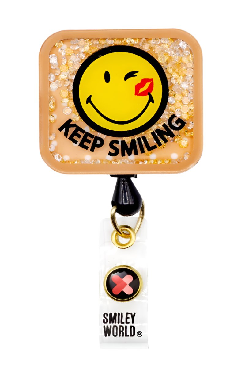 koi Smiley World Shaker Badge Reel in Smiling Bandaid design with retractable cord and clip for healthcare professionals.