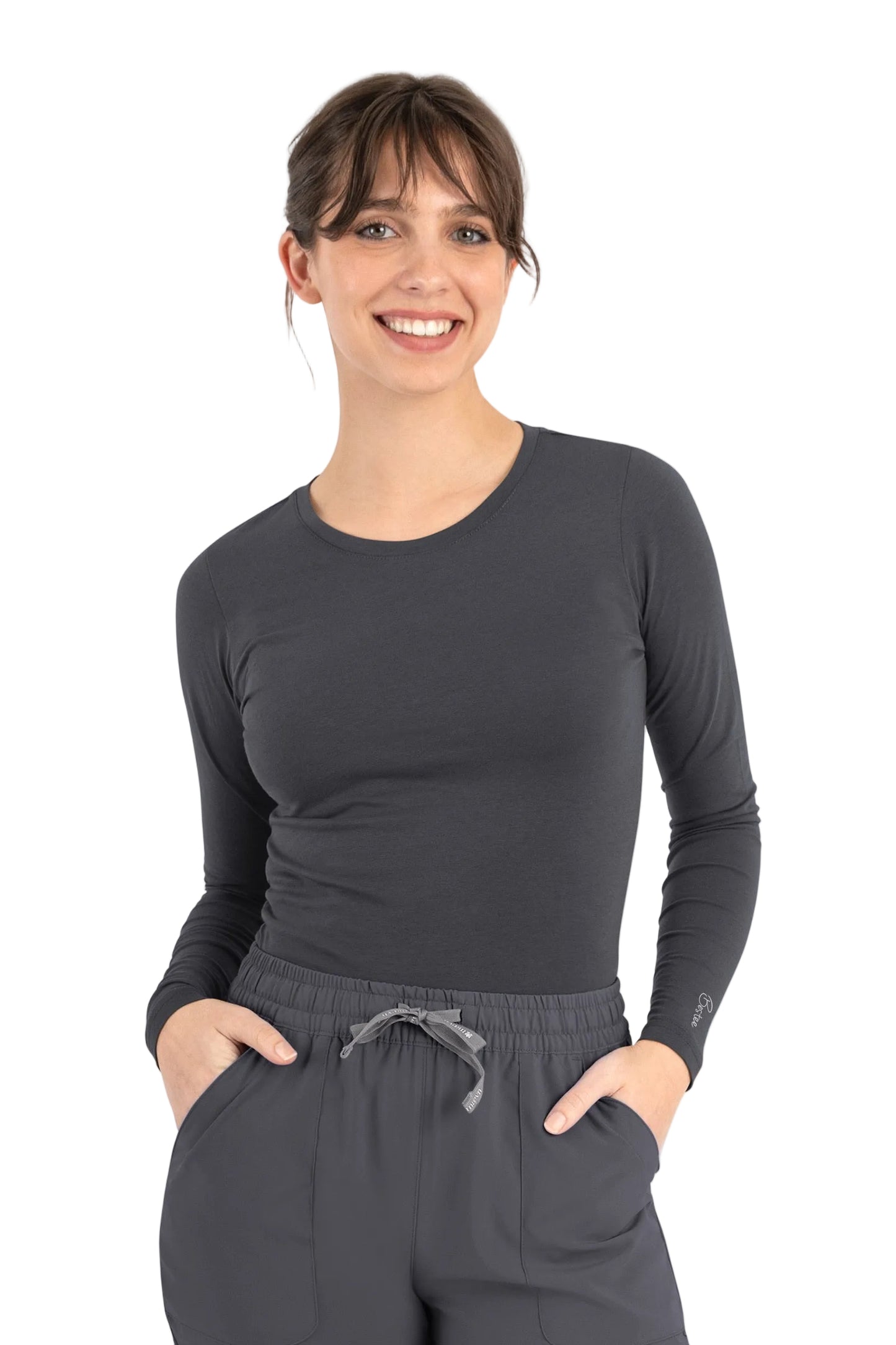 Maevn Bestee 6909 women's long sleeve underscrub tee in pewter - crew neck, 4-way stretch, moisture-wicking layering tee for healthcare professionals.
