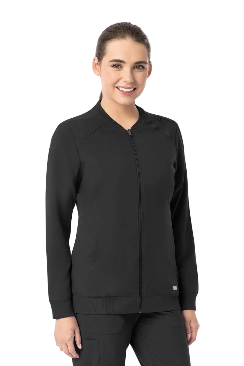 Maevn Momentum 5061 black bomber scrub jacket with full zip closure, ribbed cuffs, and two welt pockets for healthcare professionals.