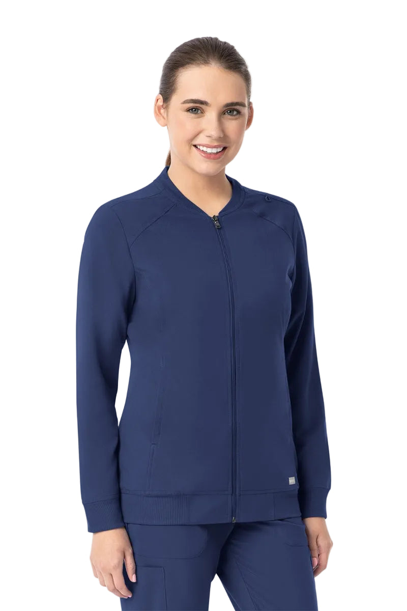 Maevn Momentum 5061 navy blue bomber scrub jacket featuring moisture-wicking fabric and professional styling for medical uniforms.
