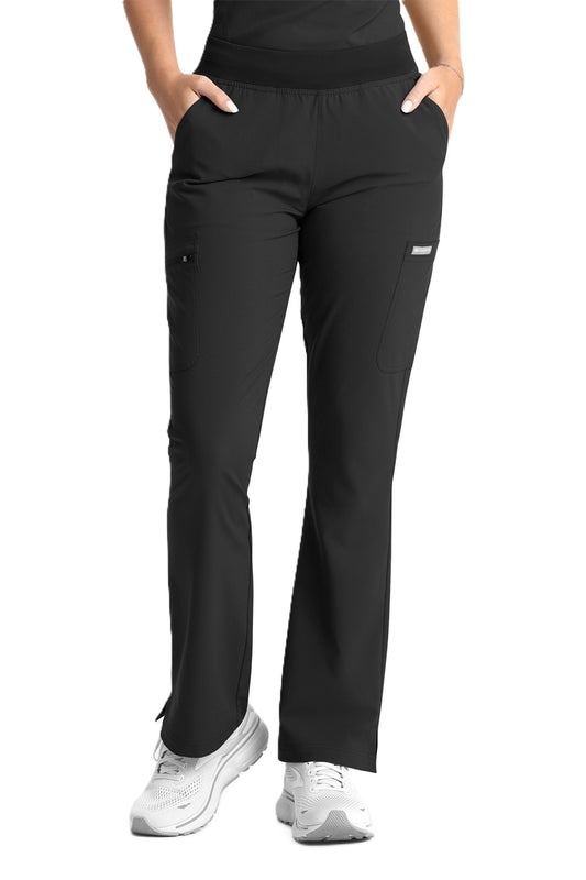 Maevn Momentum 5093 flare leg scrub pants in black featuring 7-pocket design, moisture-wicking fabric, and ankle vents for healthcare professionals

