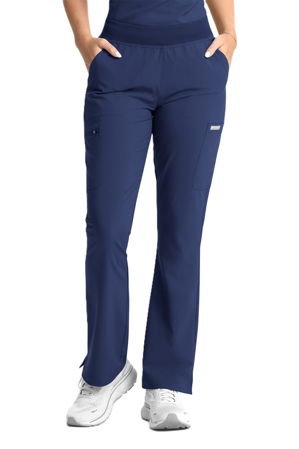 Maevn Momentum 5093 flare leg scrub pants in navy blue with moisture-wicking performance fabric and professional medical uniform styling
