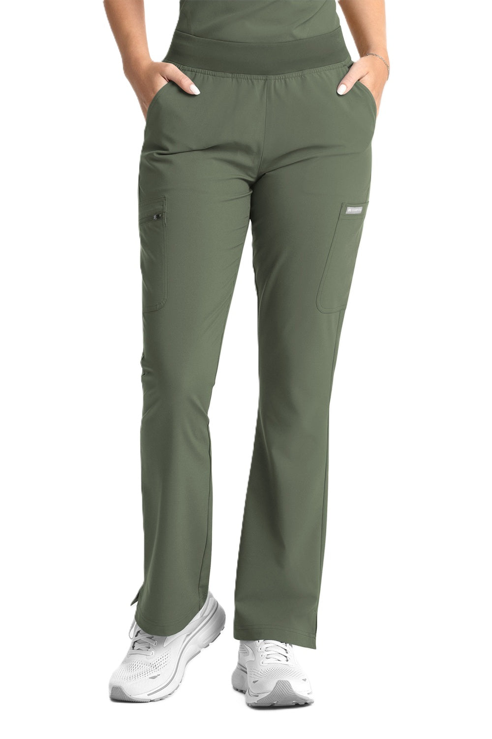 Maevn Momentum 5093 flare leg scrub pants in olive green with 7 functional pockets and breathable ankle vents for nurses and medical staff
