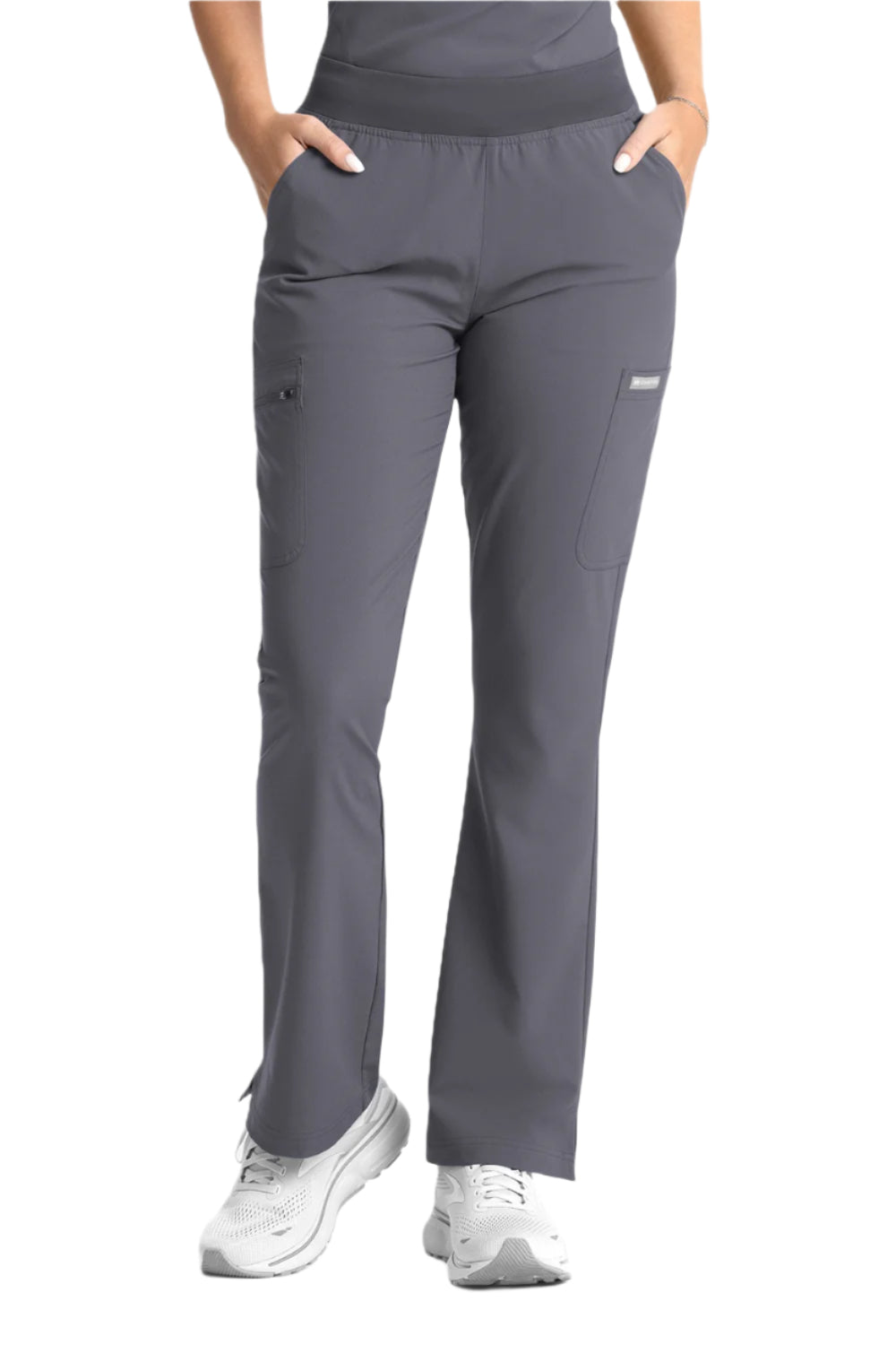 Maevn Momentum 5093 flare leg scrub pants in pewter grey featuring durable construction and moisture-wicking technology for all-day comfort
