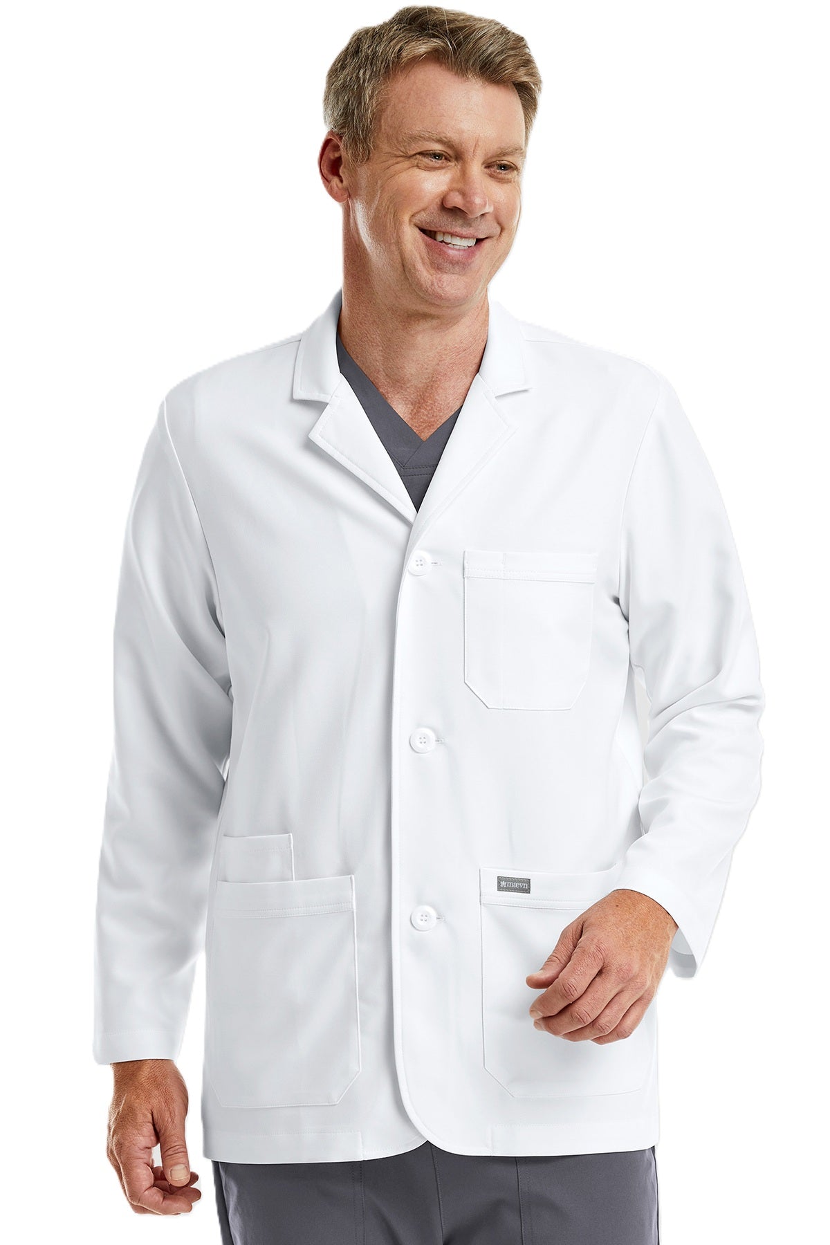 Maevn Momentum 5873 men's consultation lab coat in white with notched lapel, button front, chest pocket and front tech pockets.