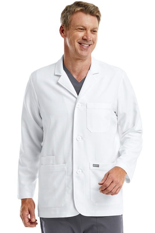 Maevn Momentum 5873 men's consultation lab coat in white with notched lapel, button front, chest pocket and front tech pockets.