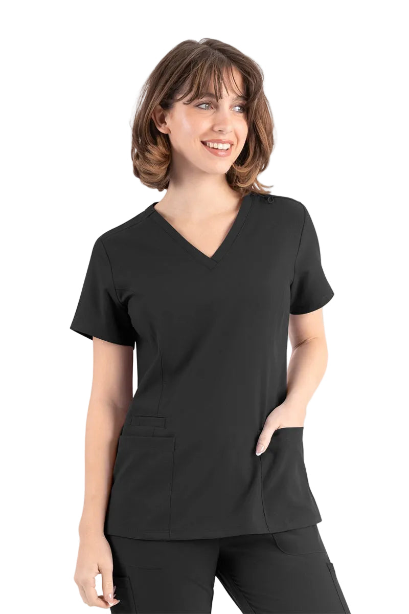 Maevn Momentum 5001 black double v-neck scrub top with moisture-wicking fabric
