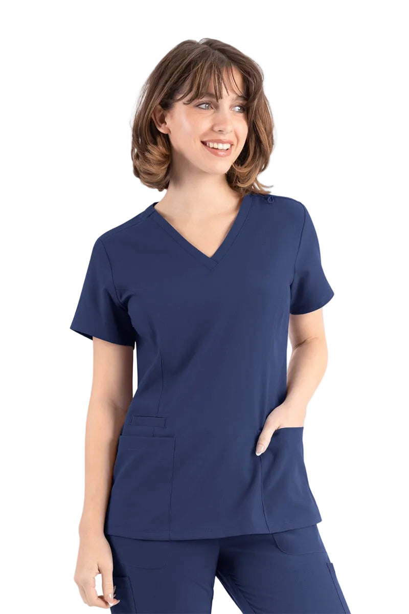 Maevn Momentum 5001 navy blue double v-neck scrub top with moisture-wicking fabric
