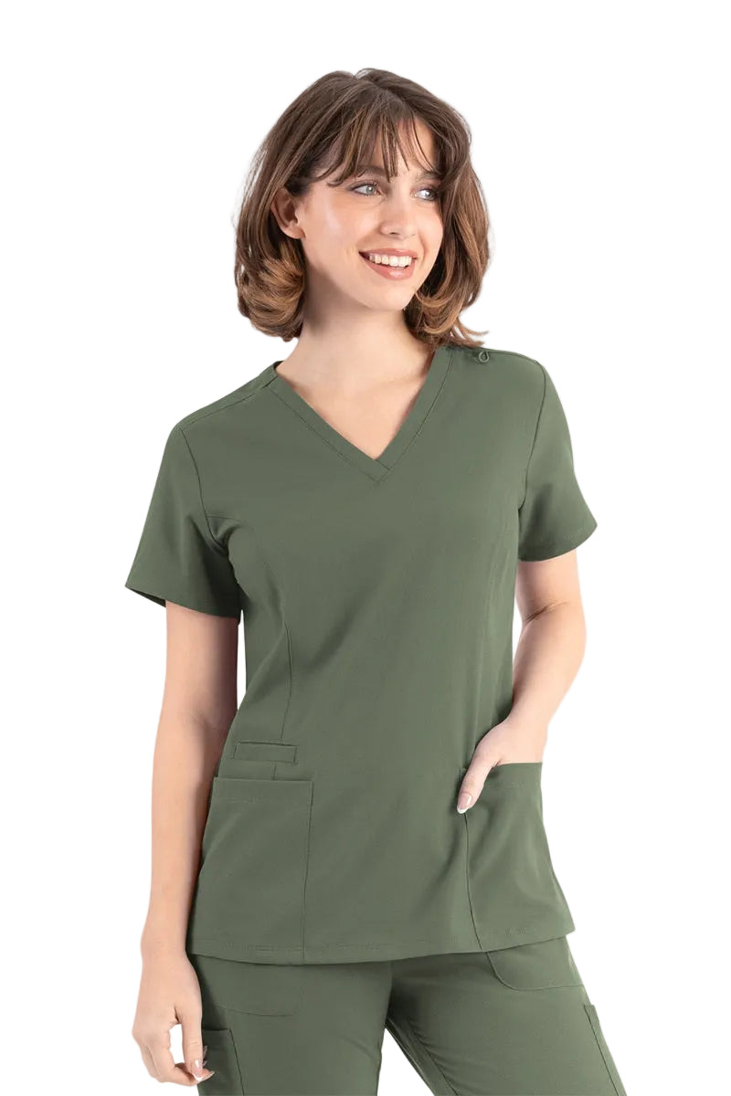 Maevn Momentum 5001 olive green double v-neck scrub top with moisture-wicking fabric
