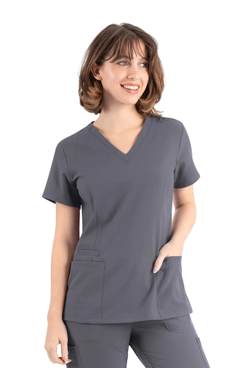 Maevn Momentum 5001 pewter grey double v-neck scrub top with moisture-wicking fabric
