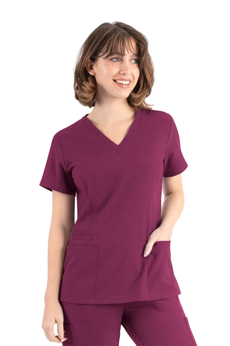 Maevn Momentum 5001 wine red double v-neck scrub top with moisture-wicking fabric
