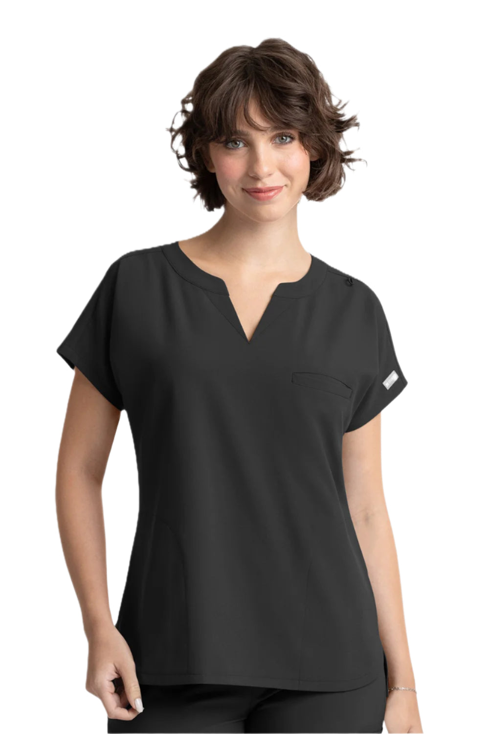 Maevn Momentum 5003 dolman scrub top in black with 3 pockets, notched neckline, and relaxed fit for healthcare professionals.
