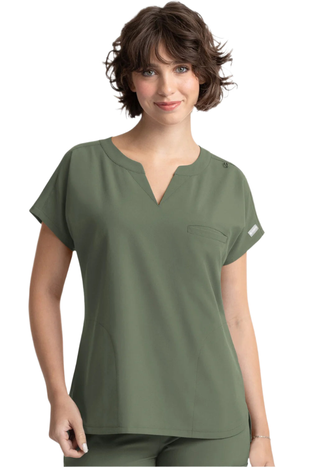 Maevn Momentum 5003 dolman scrub top in olive green with 3 pockets, notched neckline, and relaxed fit for healthcare professionals.
