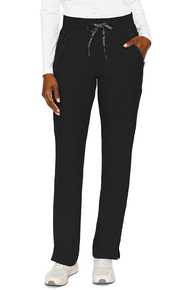 Med Couture Insight 2702 scrub pants in black featuring 4-pocket design with secure zipper closures and mechanical stretch fabric
