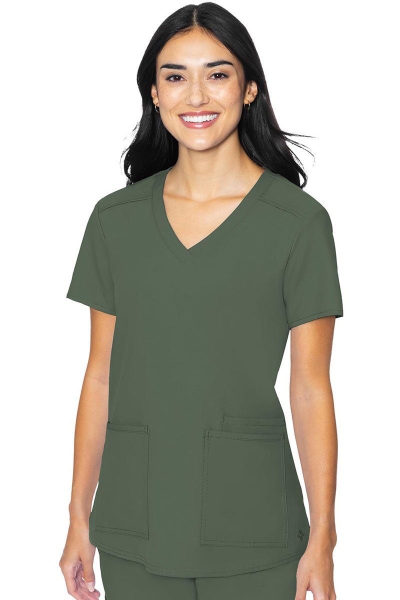 Med Couture Insight 2411 women's scrub top in olive green featuring classic v-neck, 3 functional pockets, and box pleat design for healthcare professionals
