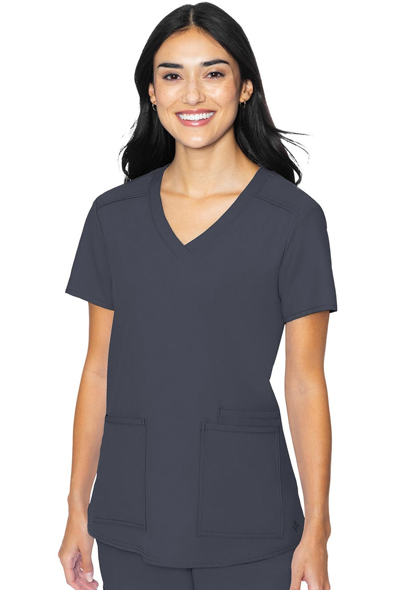 Med Couture Insight 2411 women's scrub top in pewter grey featuring classic v-neck, 3 functional pockets, and box pleat design for healthcare professionals
