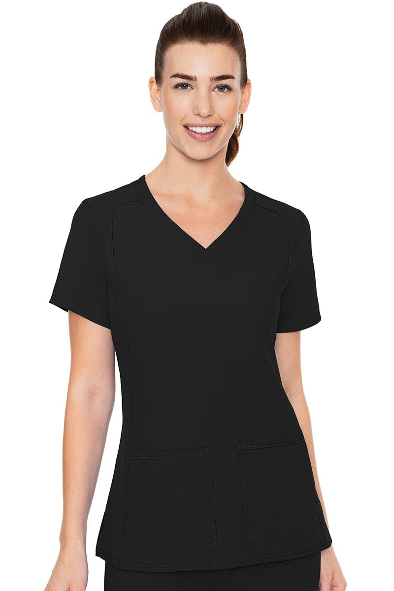 Med Couture Insight 2468 scrub top in black - women's v-neck medical uniform with side pockets and moisture-wicking fabric
