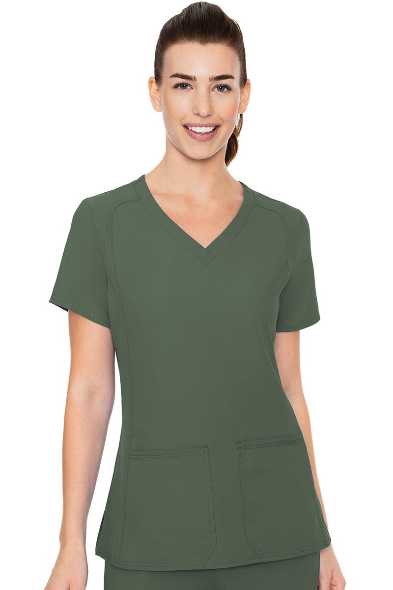 Med Couture Insight 2468 scrub top in olive green - women's v-neck medical uniform with side pockets and moisture-wicking fabric
