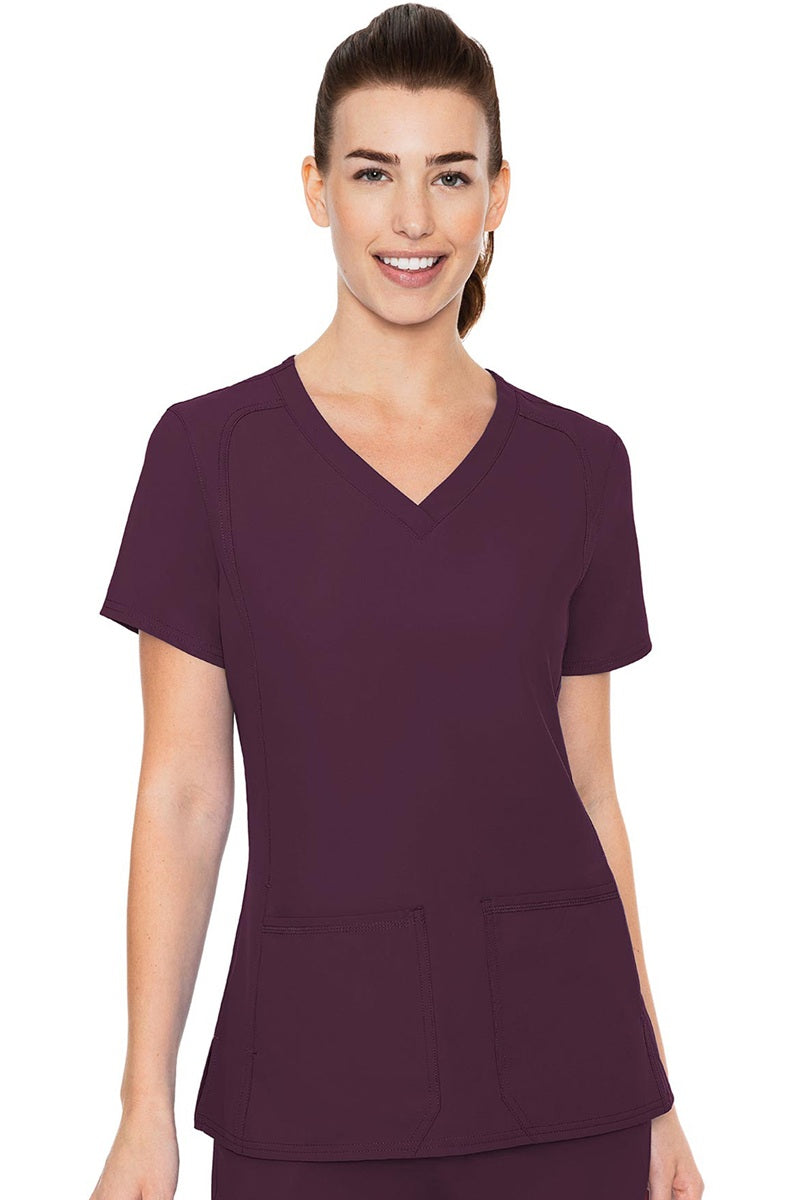 Med Couture Insight 2468 scrub top in wine - women's v-neck medical uniform with side pockets and moisture-wicking fabric

