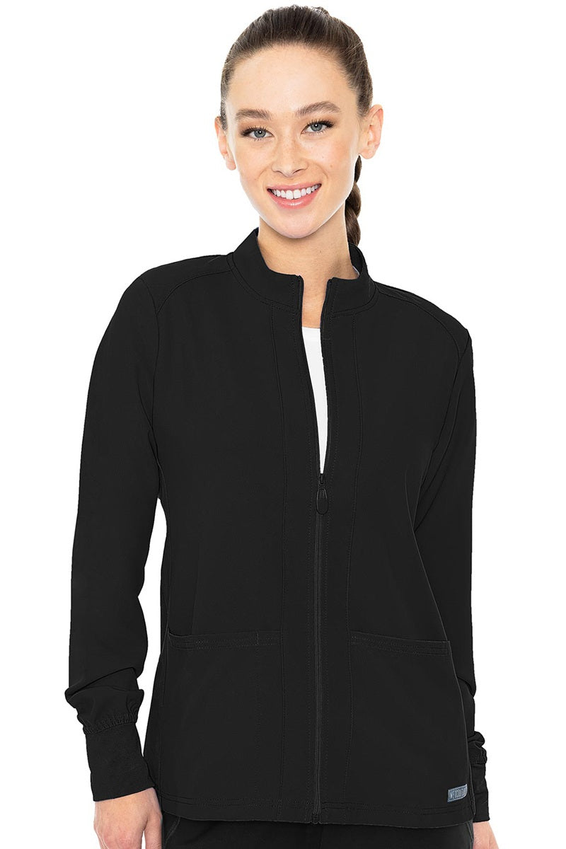 Med Couture Insight 2660 zip front scrub jacket in black with soft knit cuffs and front pockets for healthcare professionals.