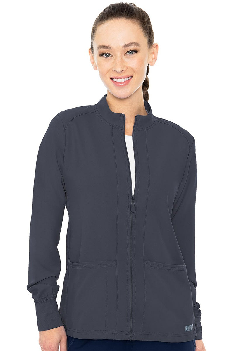 Med Couture Insight 2660 zip front scrub jacket in pewter grey with soft knit cuffs and front pockets for healthcare professionals.