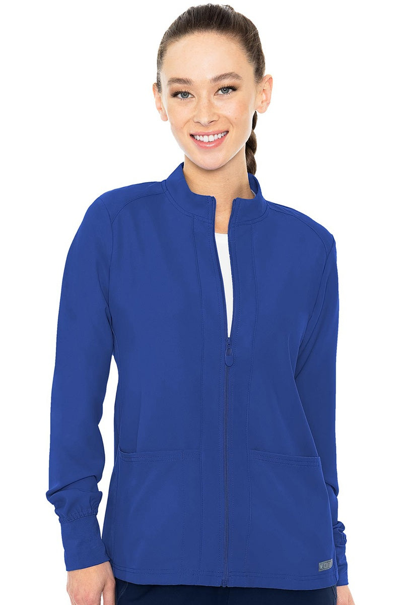 Med Couture Insight 2660 zip front scrub jacket in royal blue with soft knit cuffs and front pockets for healthcare professionals.
