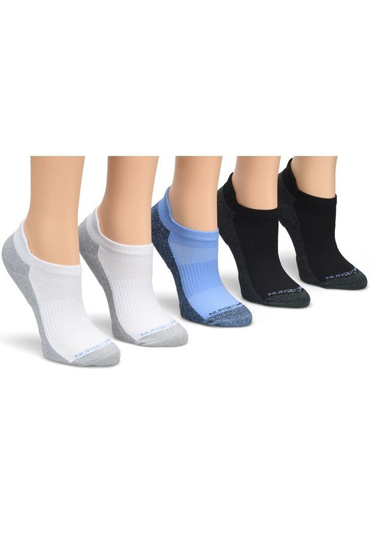 Nurse Mates 15mmHg compression anklet socks 5-pack in assorted colors including pink, purple, blue, and patterned designs - antimicrobial healthcare professional socks with arch support for nurses and medical staff.
