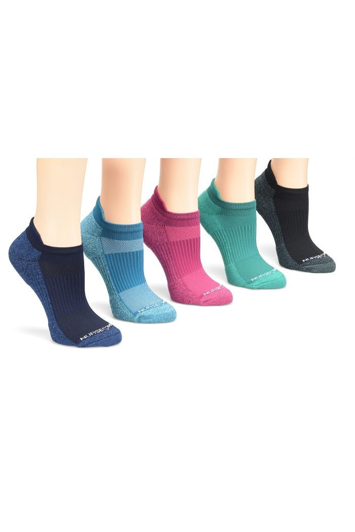 Nurse Mates compression anklet socks 5-pack in rich jewel tone hues including burgundy, navy, and deep colors - 15mmHg support socks with targeted arch cushioning for long nursing shifts.

