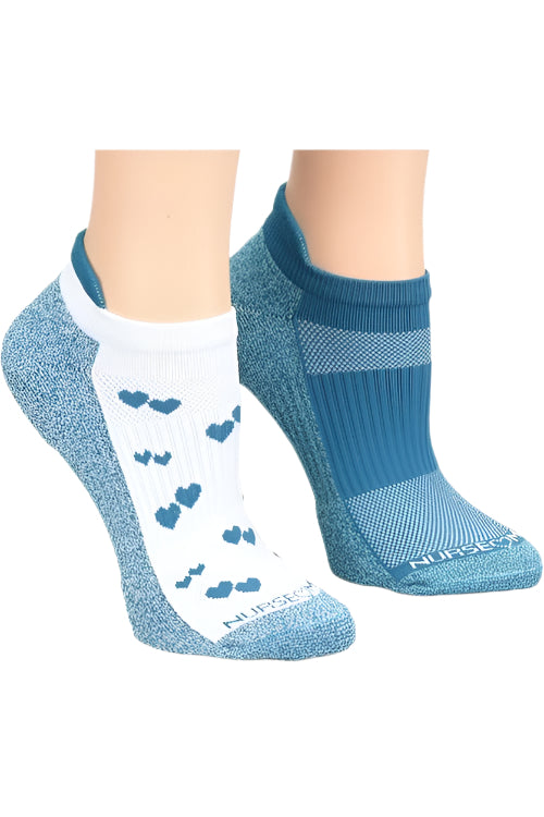Nurse Mates compression anklet socks 2-pack in Caribbean Blue Combo colorway, featuring 15mmHg compression support, enhanced arch cushioning, and odor-control TrueDry yarns.

