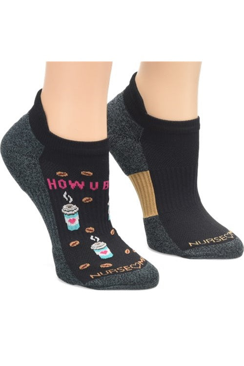 Nurse Mates compression anklet socks 2-pack in Coffee Beans print, medical-grade 15mmHg compression with strategic heel and toe cushioning for all-day comfort during long shifts.
