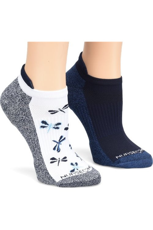 Nurse Mates compression anklet socks 2-pack in Navy Combo pattern, 15mmHg compression level with contoured arch cushioning and antimicrobial fabric for all-day freshness.
