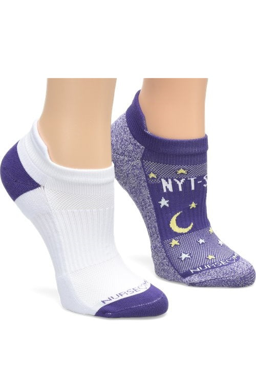 Nurse Mates compression anklet socks 2-pack in Night Shift colorway, 15mmHg medical compression promotes healthy circulation with moisture-wicking TrueDry antimicrobial technology.
