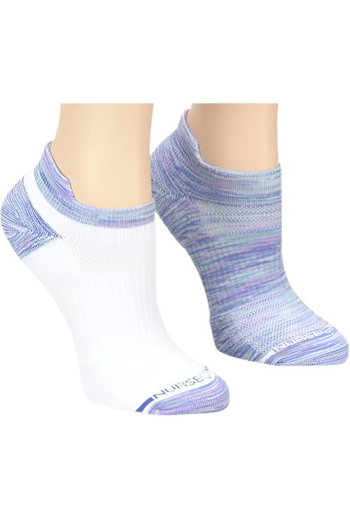 Nurse Mates compression anklet socks 2-pack in Space Dye Aqua Breeze, 15mmHg compression promotes circulation and reduces swelling with antimicrobial moisture-wicking performance fabric.
