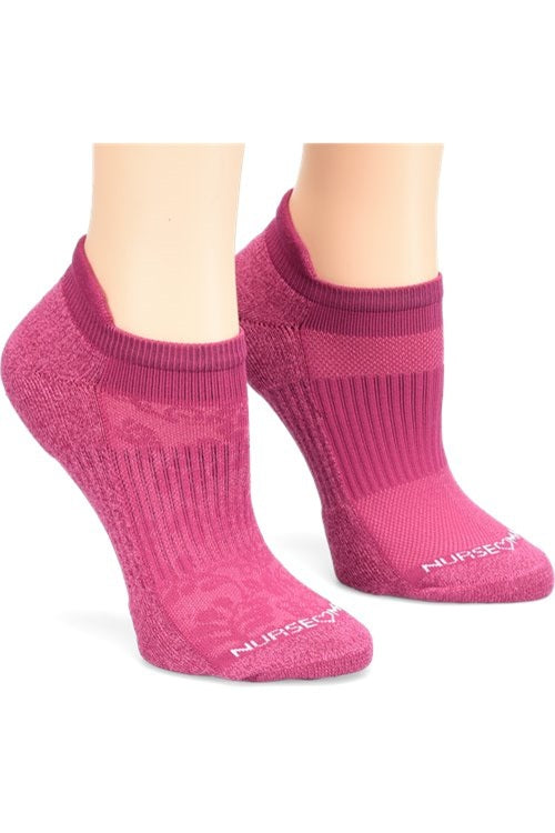 Nurse Mates compression anklet socks 2-pack in Wine Combo colorway, 15mmHg medical compression promotes healthy circulation with contoured arch cushioning and antimicrobial TrueDry yarns.
