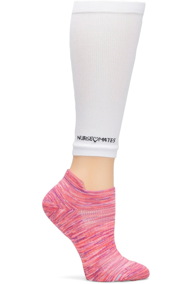 Nurse Mates compression calf sleeve and anklet set in white with pink pattern - 12-14 mmHg graduated support for nurses and healthcare workers.