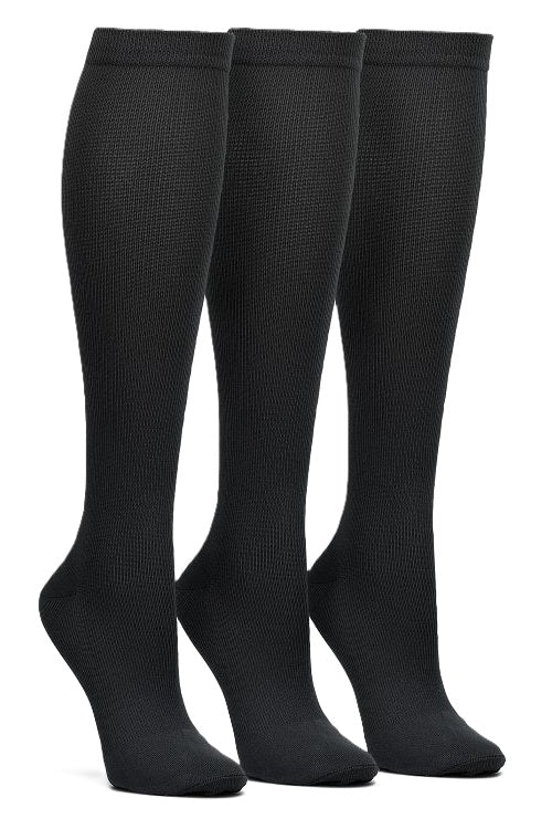 Nurse Mates compression socks 3-pack in black, 12-14 mmHg graduated support, reinforced toe and heel, healthcare professional grade.