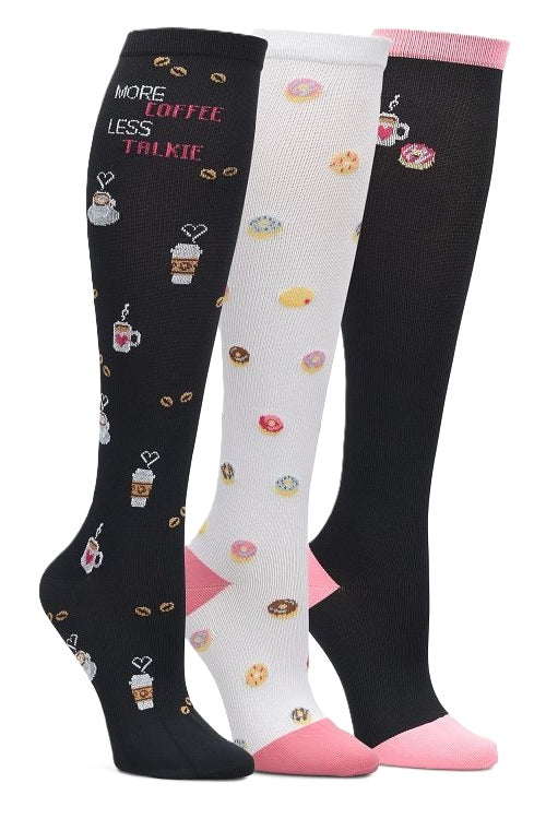 Nurse Mates compression socks 3-pack with coffee and donuts novelty pattern, 12-14 mmHg graduated compression for nurses and medical staff.