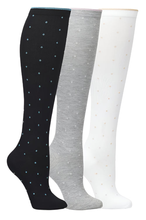Nurse Mates compression socks 3-pack in grey micro dot pattern, 12-14 mmHg graduated support, moisture-wicking fabric for all-day comfort.