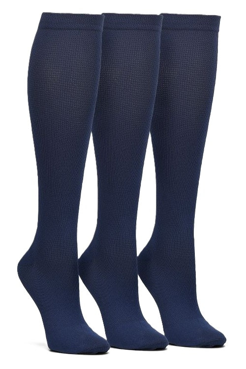 Nurse Mates compression socks 3-pack in navy blue, 12-14 mmHg graduated support, ideal for nurses and healthcare workers on long shifts.