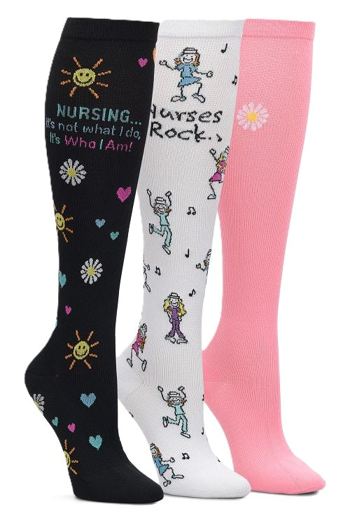 Nurse Mates compression socks 3-pack with Nurses Rock novelty pattern, 12-14 mmHg graduated compression, fun design for medical professionals.
