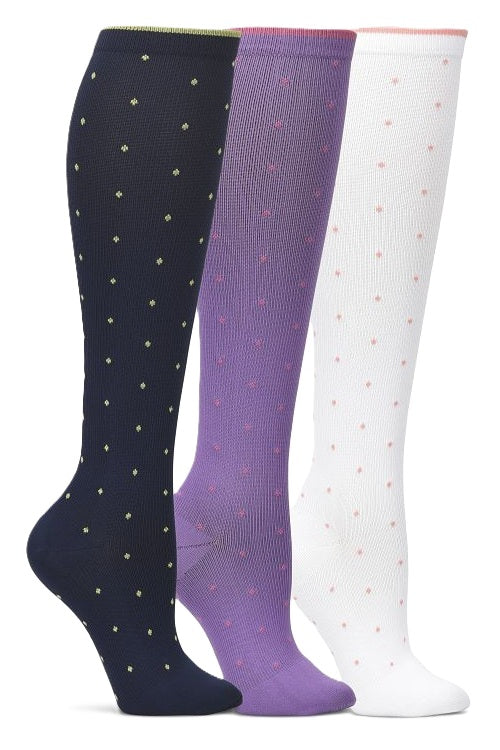 Nurse Mates compression socks 3-pack in purple micro dot pattern, 12-14 mmHg graduated compression, reduces leg fatigue and swelling.