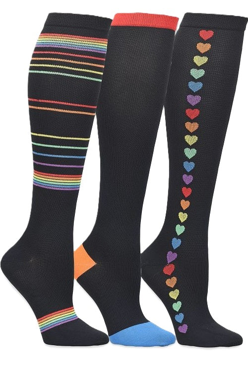 Nurse Mates compression socks 3-pack in rainbow assorted colors, 12-14 mmHg graduated support, variety pack for healthcare professionals.