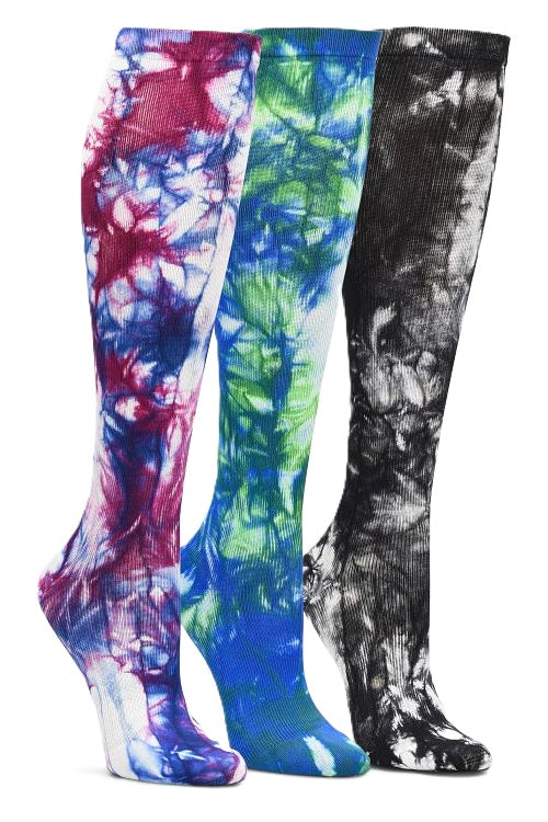 Nurse Mates compression socks 3-pack in tie dye pattern, 12-14 mmHg graduated compression, colorful design with clinical-grade support.