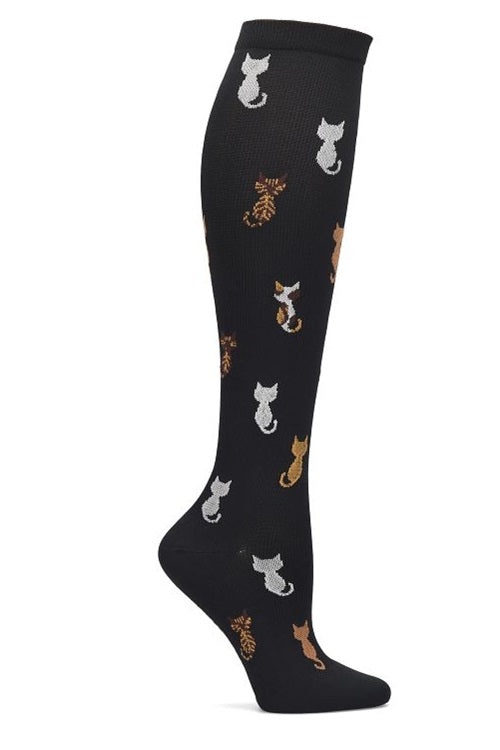 Nurse Mates Cat Tails compression socks with playful cat design - 12-14 mmHg mild compression for regular calves up to 17 inches, fun pattern for veterinary and healthcare professionals