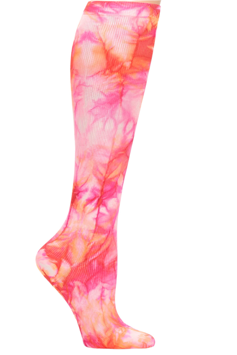 Nurse Mates Fuchsia Flame compression socks 12-14 mmHg extra wide calf up to 24 inches with vibrant pink flame pattern design.