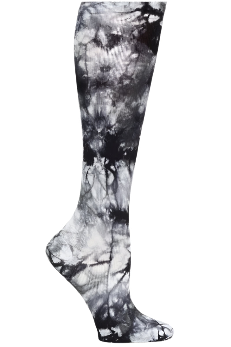 Nurse Mates Black White Tie Dye compression socks 12-14 mmHg extra wide calf up to 24 inches with marbled pattern design.