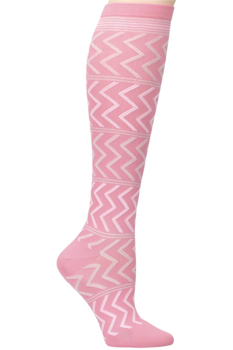 Nurse Mates Pink Chevy compression socks with chevron pattern - 12-14 mmHg graduated compression for regular calves up to 17 inches, modern geometric design in pink for healthcare workers