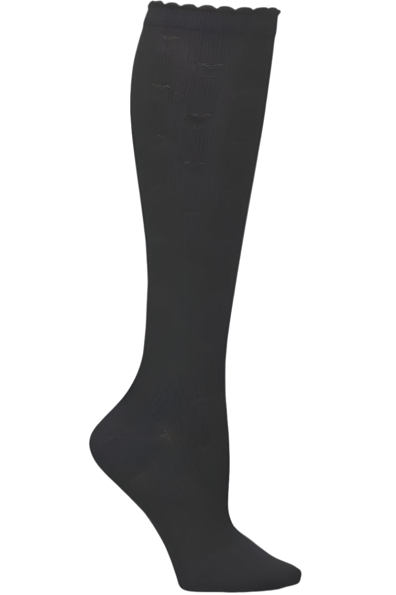 Nurse Mates 12-14 mmHg graduated compression socks with scalloped heart pattern in black, regular calf fit up to 17 inches, designed for nurses and healthcare professionals.
