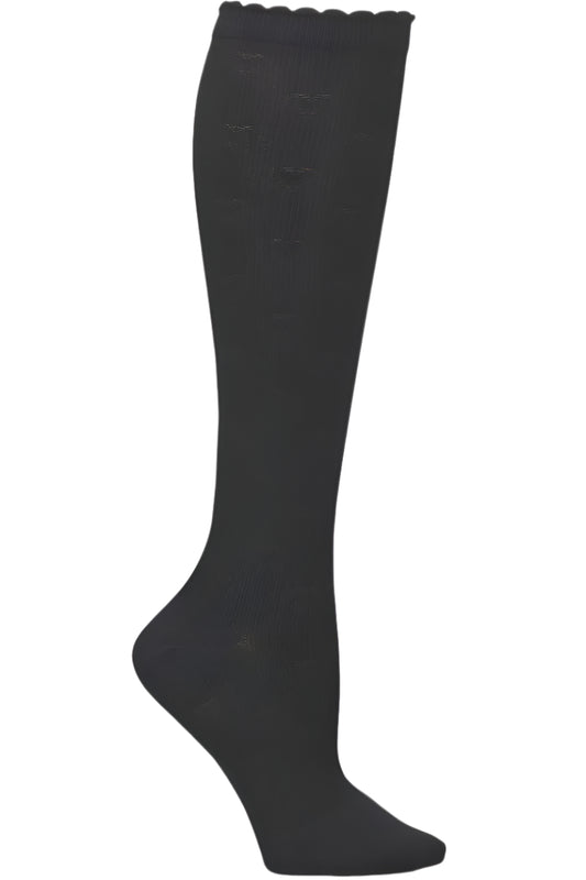 Nurse Mates 12-14 mmHg graduated compression socks with scalloped heart pattern in black, regular calf fit up to 17 inches, designed for nurses and healthcare professionals.
