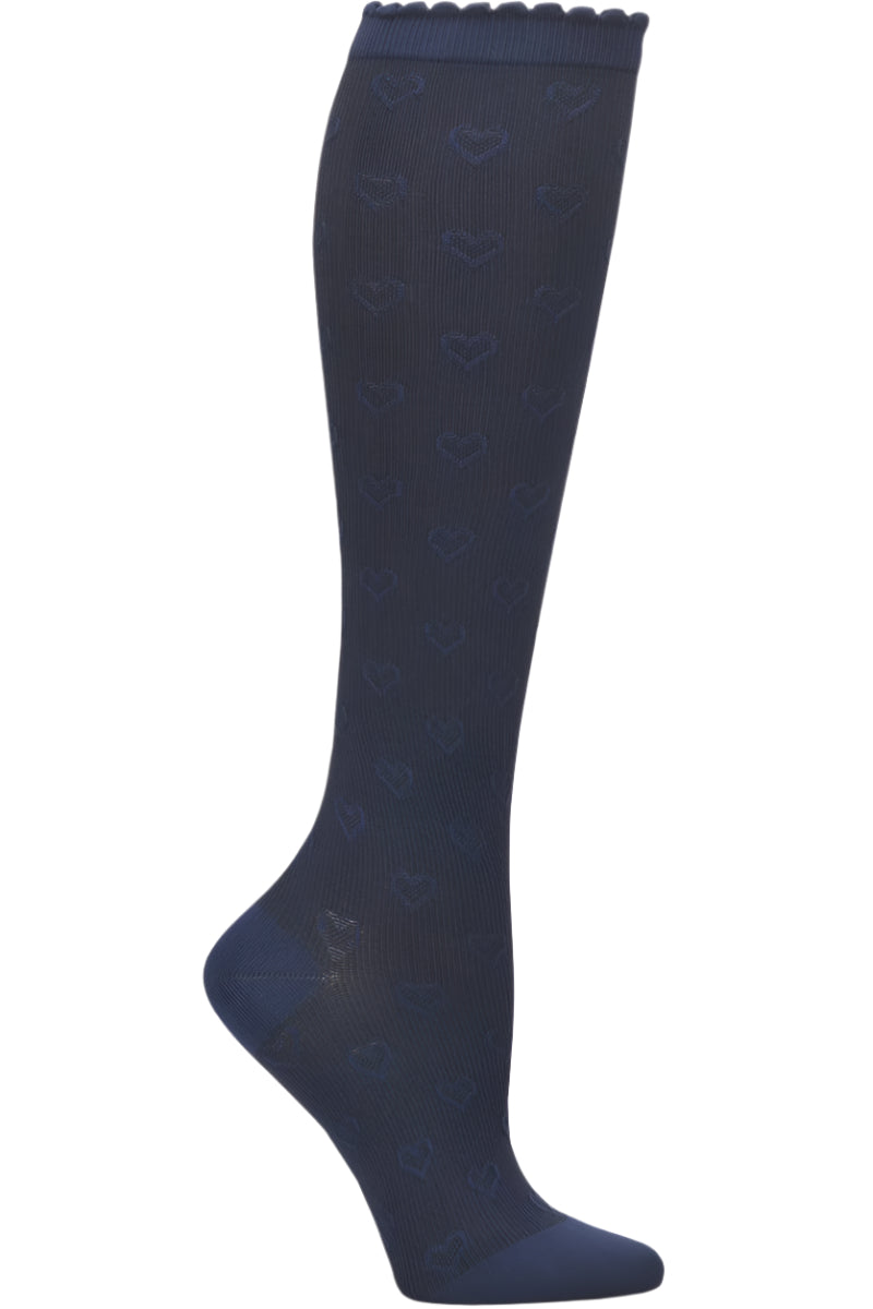 Nurse Mates 12-14 mmHg graduated compression socks with scalloped heart pattern in navy blue, regular calf fit up to 17 inches, designed for nurses and healthcare professionals.
